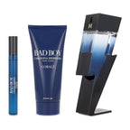 Refect Beauty Carolina Herrera Bad Boy Cobalt gift set featuring a lightning bolt perfume bottle, shower gel, and spray