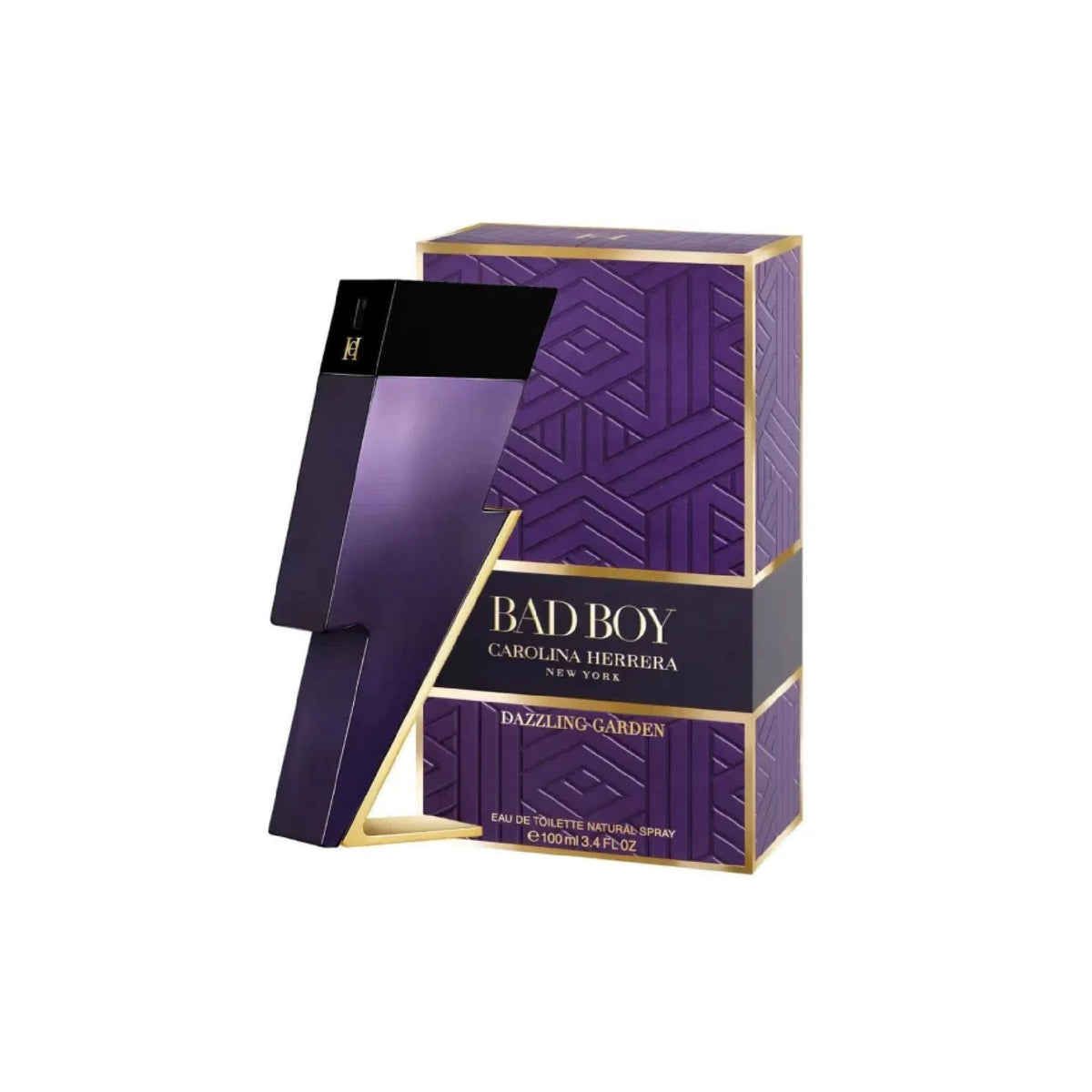 Refect Beauty Carolina Herrera Bad Boy Dazzling Garden Eau de Toilette in a purple lightning bolt bottle and box