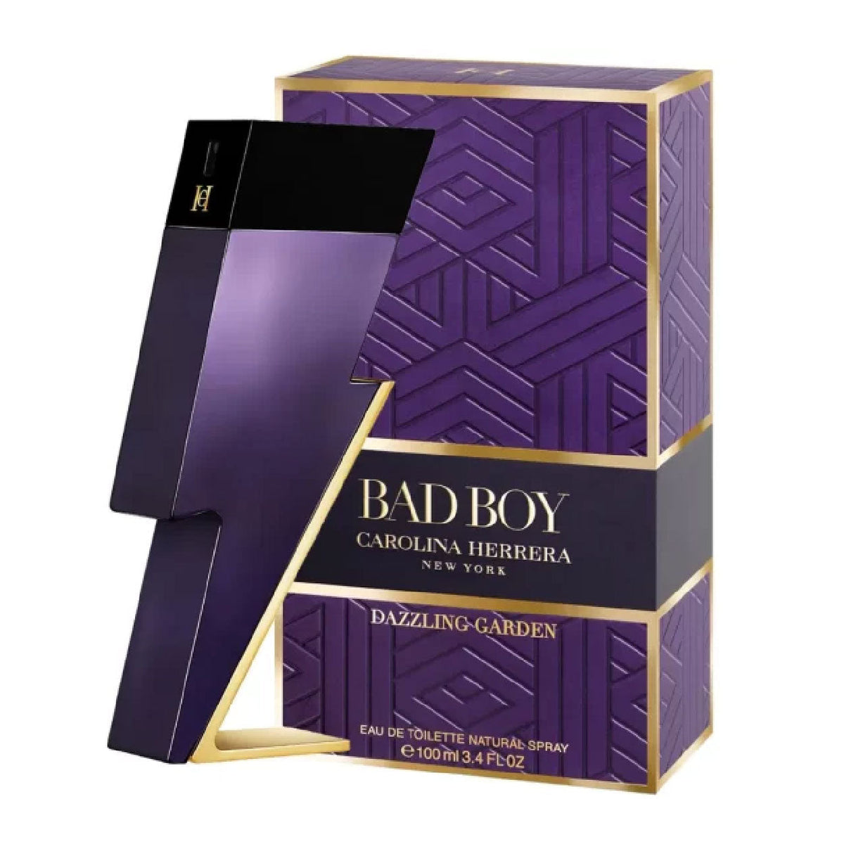 Refect Beauty Carolina Herrera Bad Boy Dazzling Garden Eau de Toilette in a purple lightning bolt bottle and box