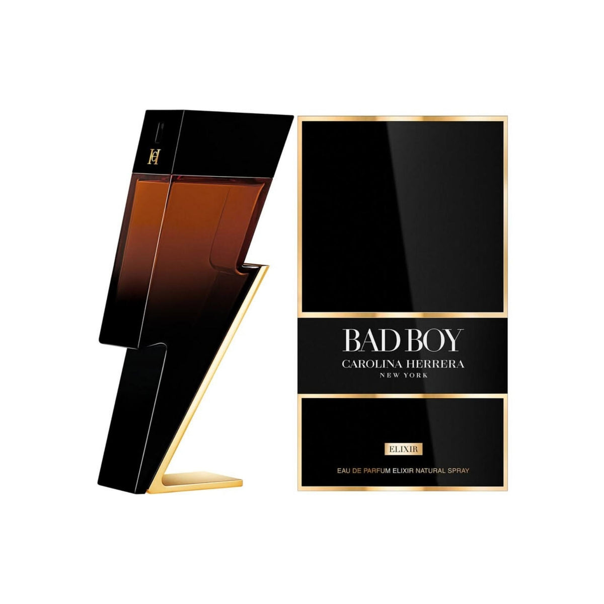 Refect Beauty Carolina Herrera Bad Boy Elixir Eau de Parfum in a black and gold lightning bolt bottle with packaging