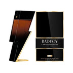 Refect Beauty Carolina Herrera Bad Boy Elixir perfume bottle and box featuring a black and gold lightning bolt design