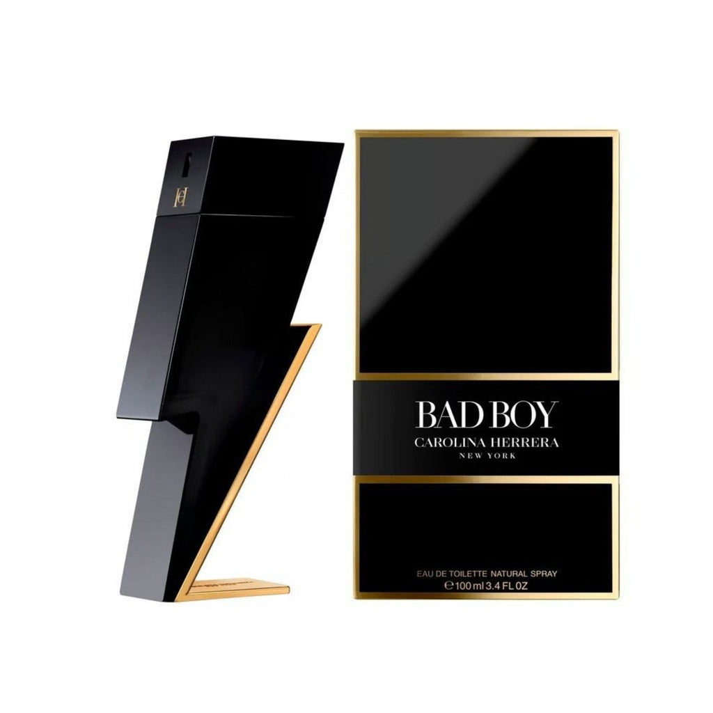 Refect Beauty Carolina Herrera Bad Boy Eau de Toilette featuring a black lightning bolt bottle and matching gift box.