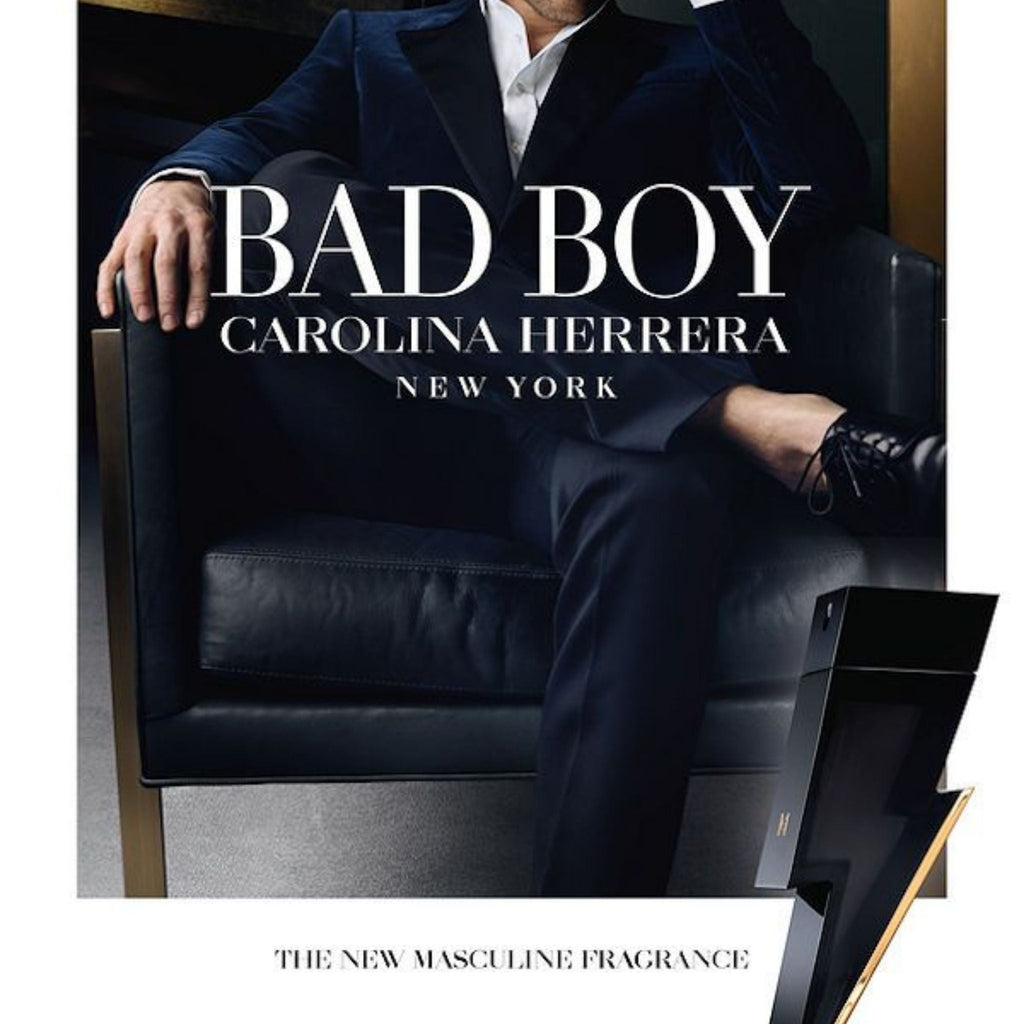Refect Beauty advertisement for Carolina Herrera Bad Boy eau de toilette featuring a man in a suit and lightning bottle