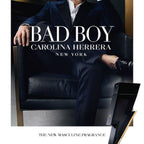 Refect Beauty advertisement for Carolina Herrera Bad Boy eau de toilette featuring a man in a suit and lightning bottle