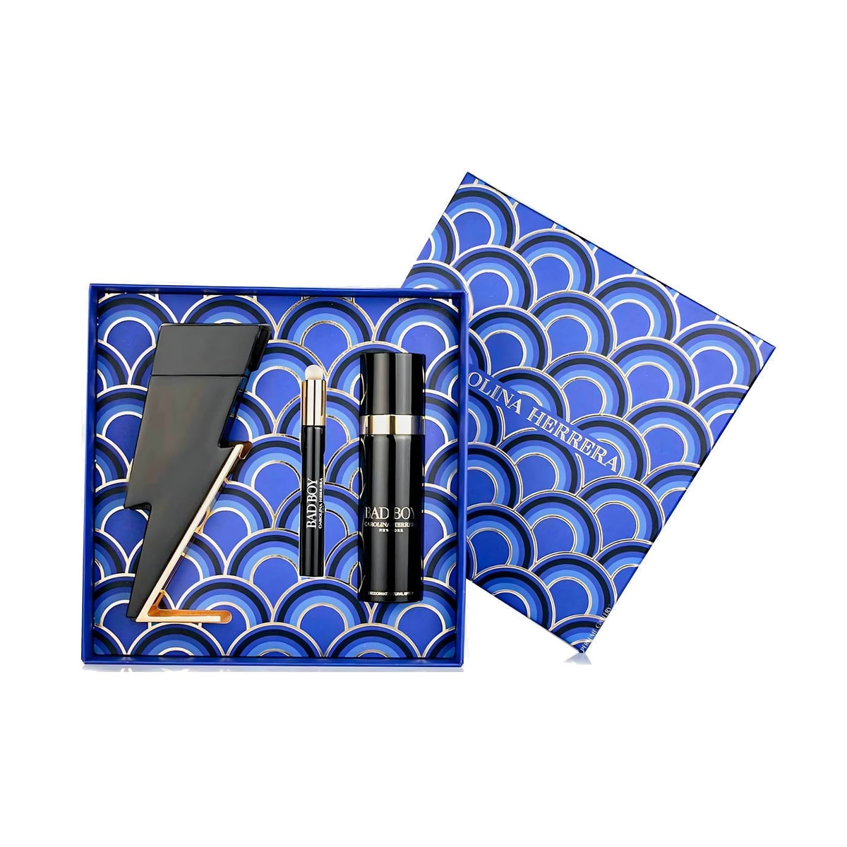 Refect Beauty Carolina Herrera Bad Boy gift set featuring a lightning bolt fragrance bottle, deodorant, and travel spray.