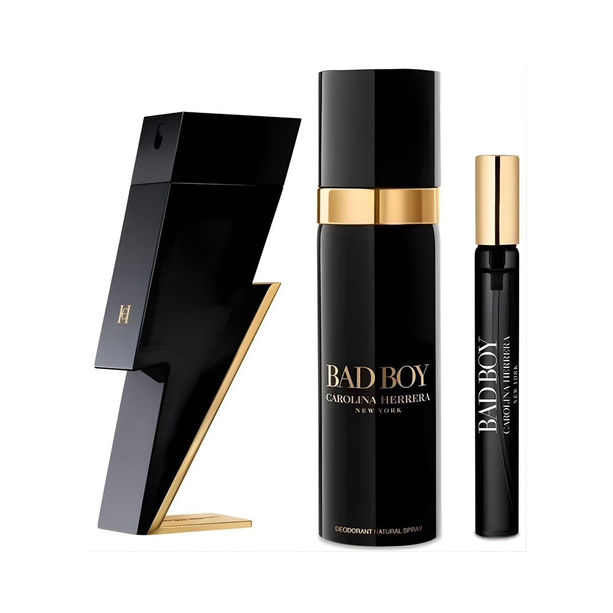 Refect Beauty Carolina Herrera Bad Boy gift set featuring a lightning bolt perfume bottle, deodorant, and travel spray.