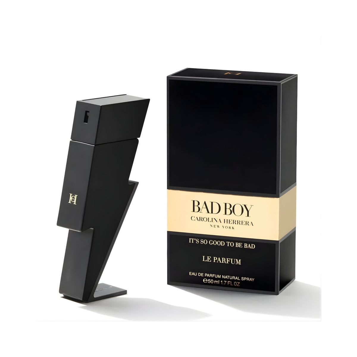 Refect Beauty Carolina Herrera Bad Boy Le Parfum bottle and black box packaging with gold accents on a white background.