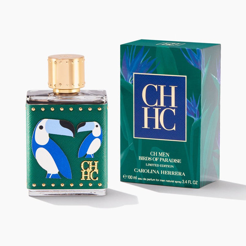 Refect Beauty Carolina Herrera Birds Of Paradise perfume bottle with toucan graphic next to its green gift box