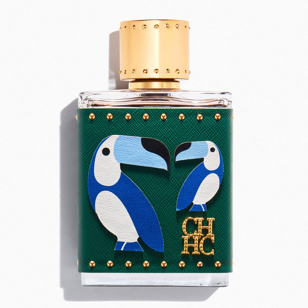 Refect Beauty Carolina Herrera Birds Of Paradise perfume bottle with green leather wrap and toucan graphic design