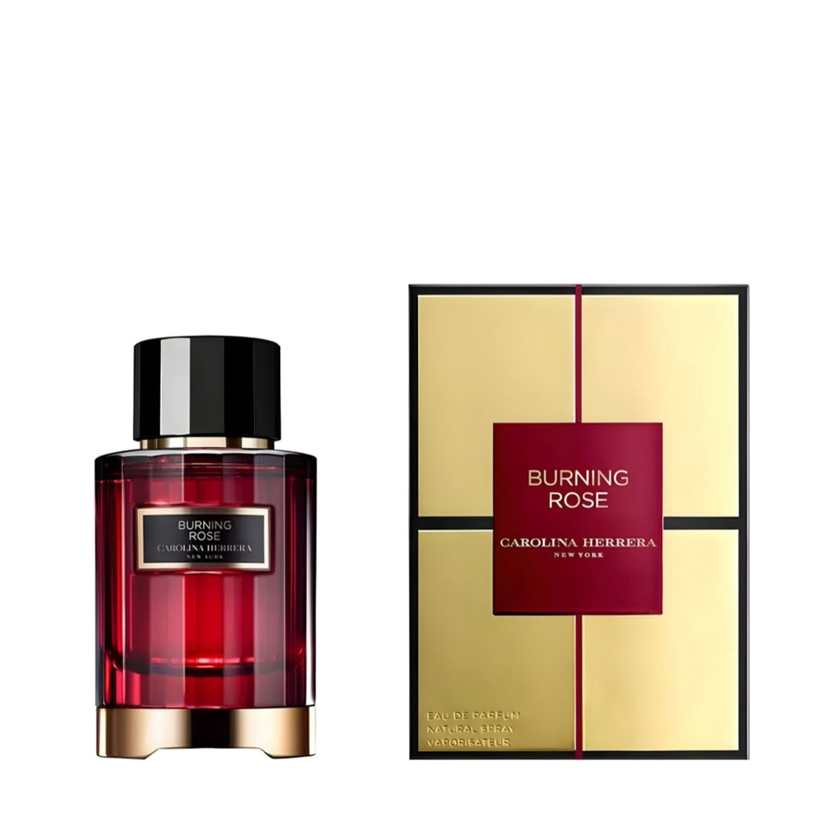 Refect Beauty Carolina Herrera Burning Rose unisex eau de parfum bottle and gold gift box packaging