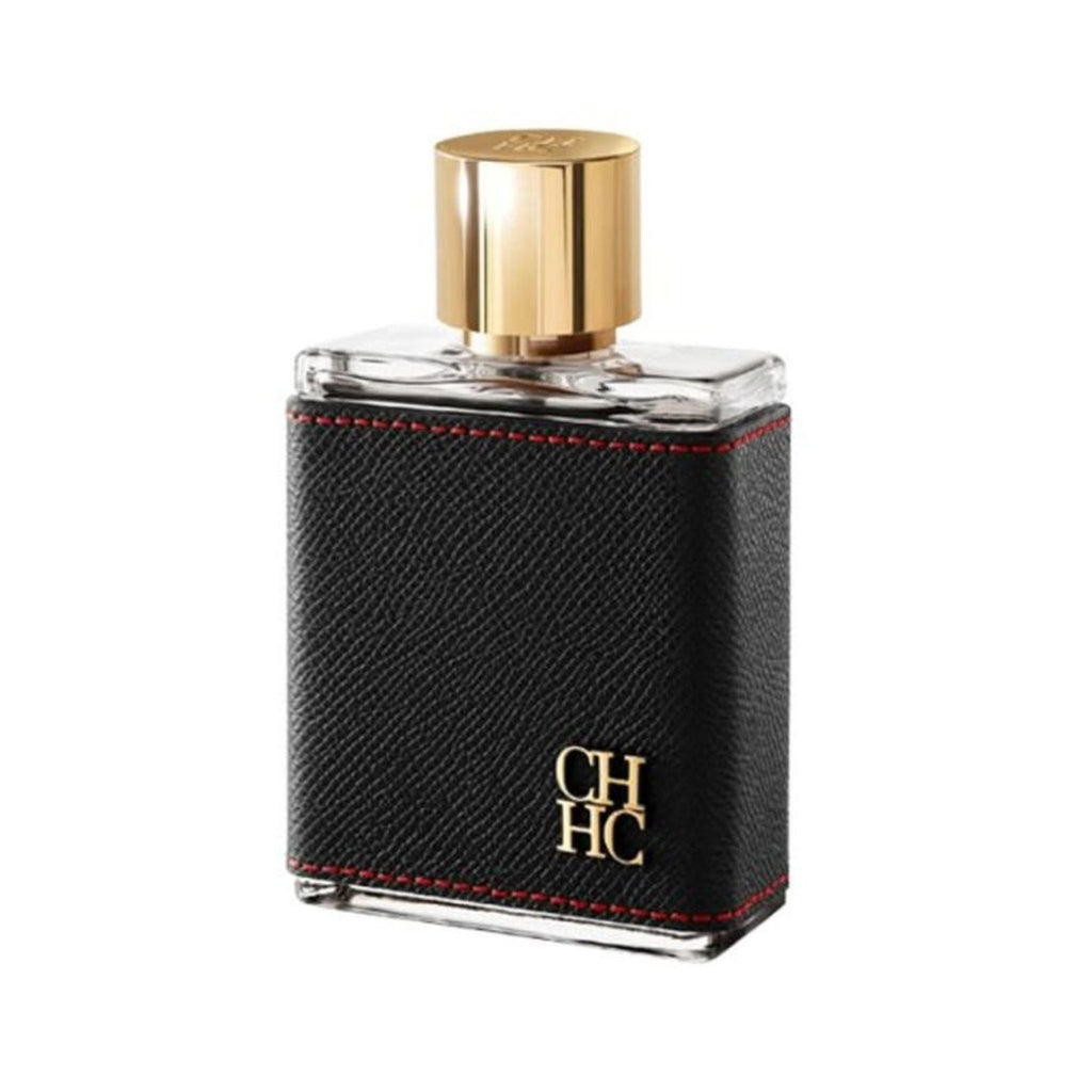 Refect Beauty Carolina Herrera CH Men Eau de Toilette in a black leather-wrapped glass bottle with a gold cap.
