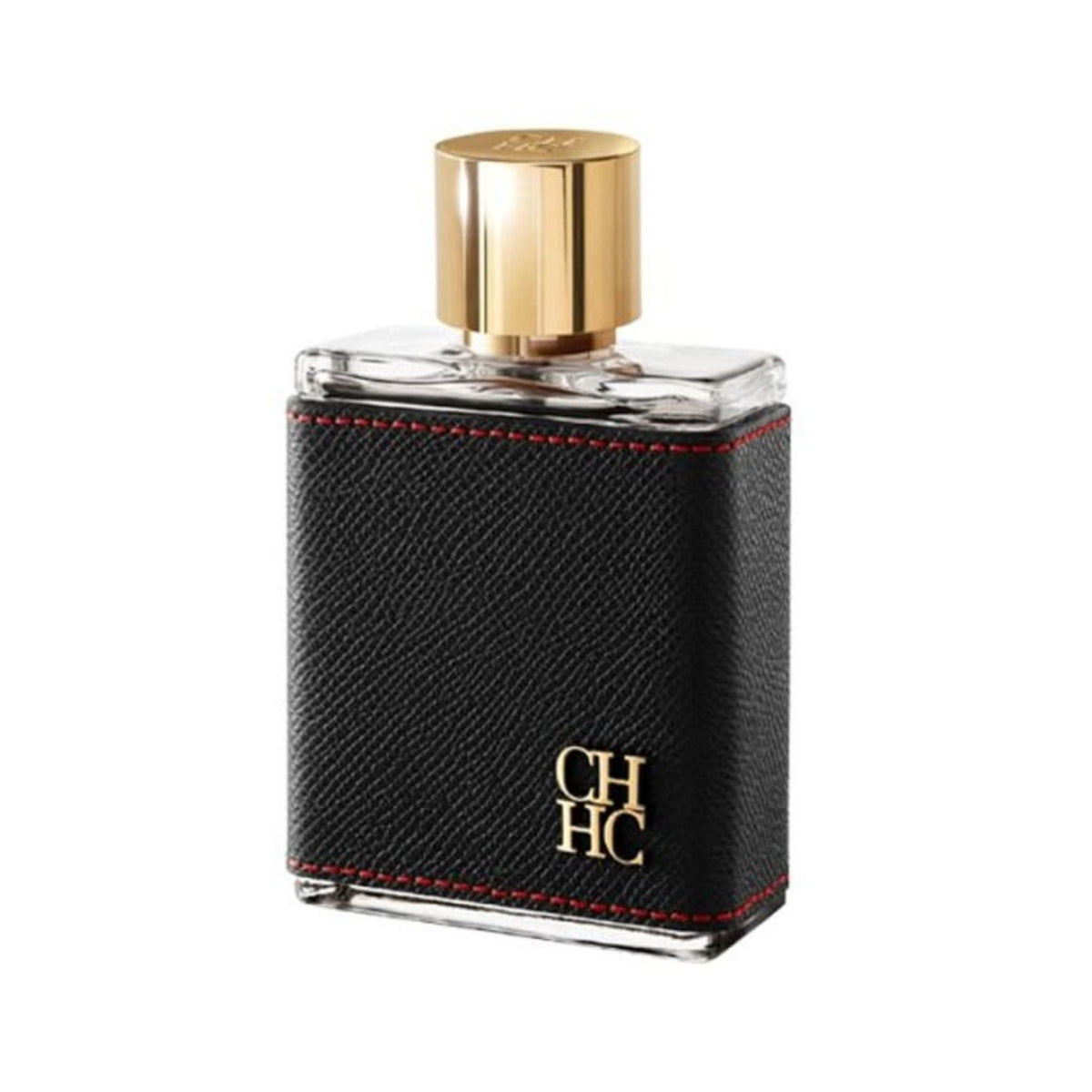 Refect Beauty Carolina Herrera CH Men Eau de Toilette in a black leather-wrapped glass bottle with a gold cap.