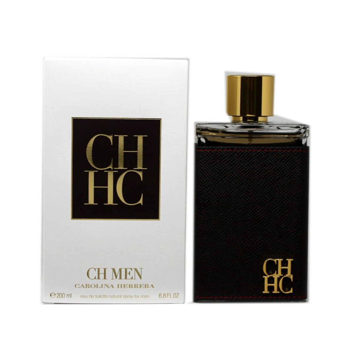 Refect Beauty Carolina Herrera CH Men Eau de Toilette bottle and box featuring a dark leather-wrapped design