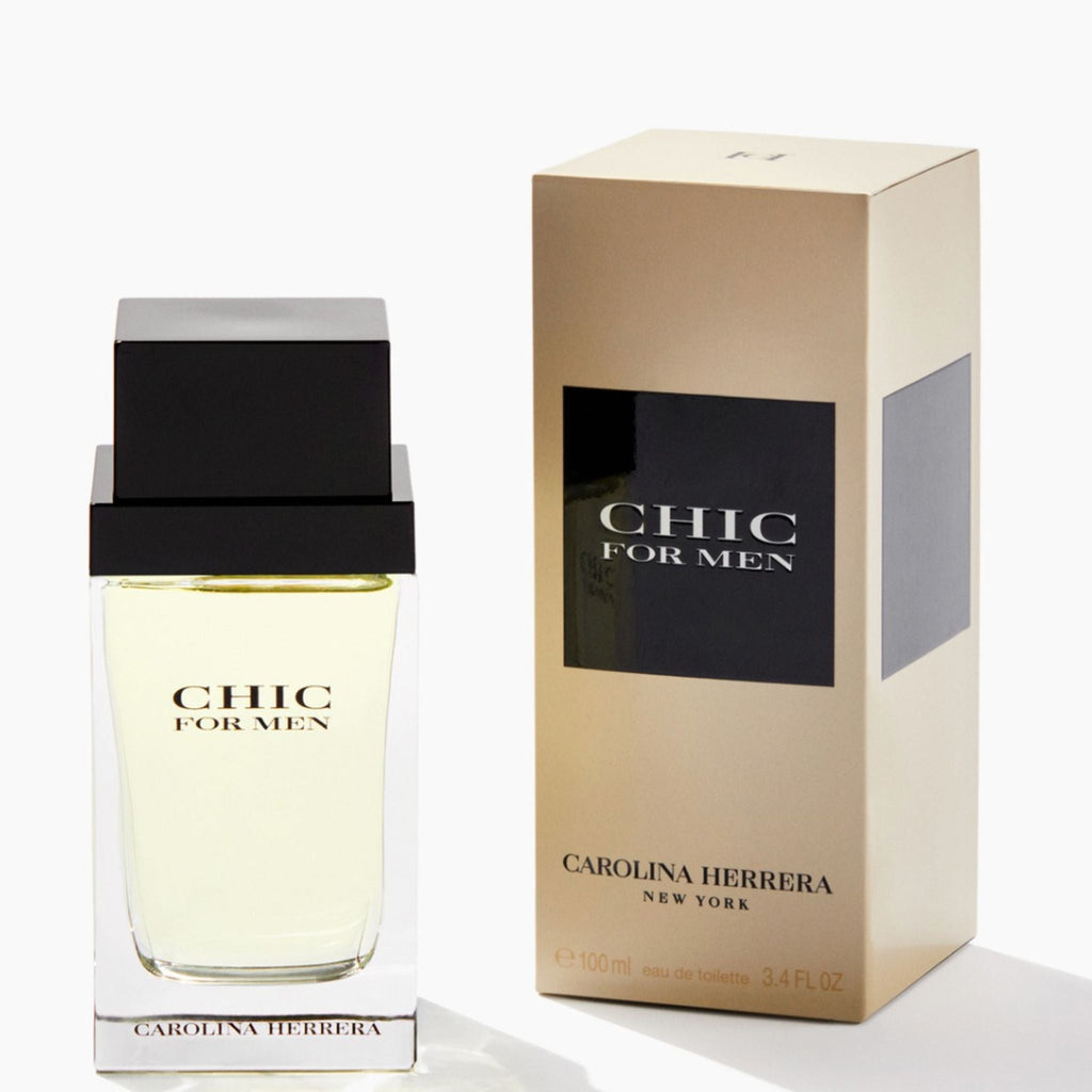Refect Beauty Carolina Herrera Chic for Men Eau de Toilette bottle and beige packaging box on a white background