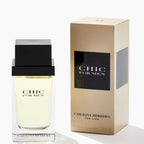 Refect Beauty Carolina Herrera Chic for Men Eau de Toilette bottle and beige packaging box on a white background
