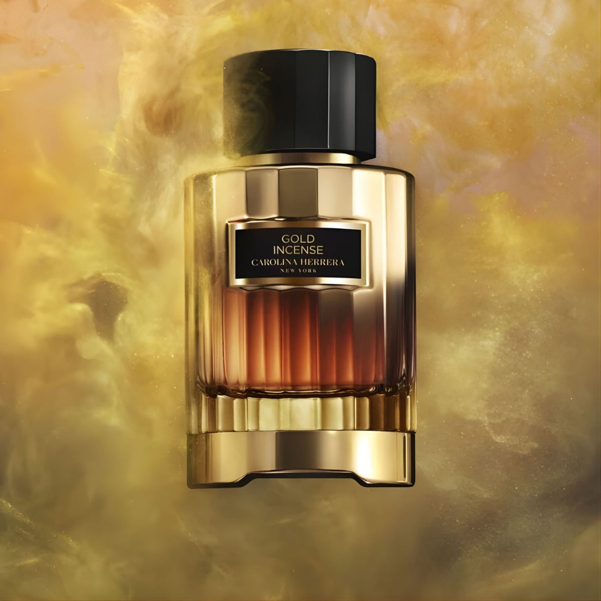 Refect Beauty Carolina Herrera Gold Incense unisex eau de parfum in a metallic gold bottle with black cap and smoke