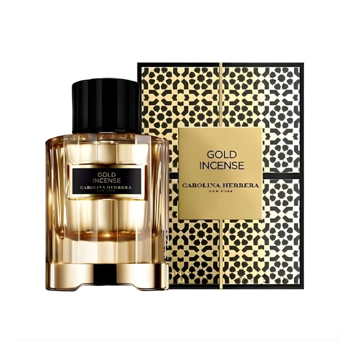Refect Beauty Carolina Herrera Gold Incense unisex eau de parfum bottle and decorative gold and black patterned box