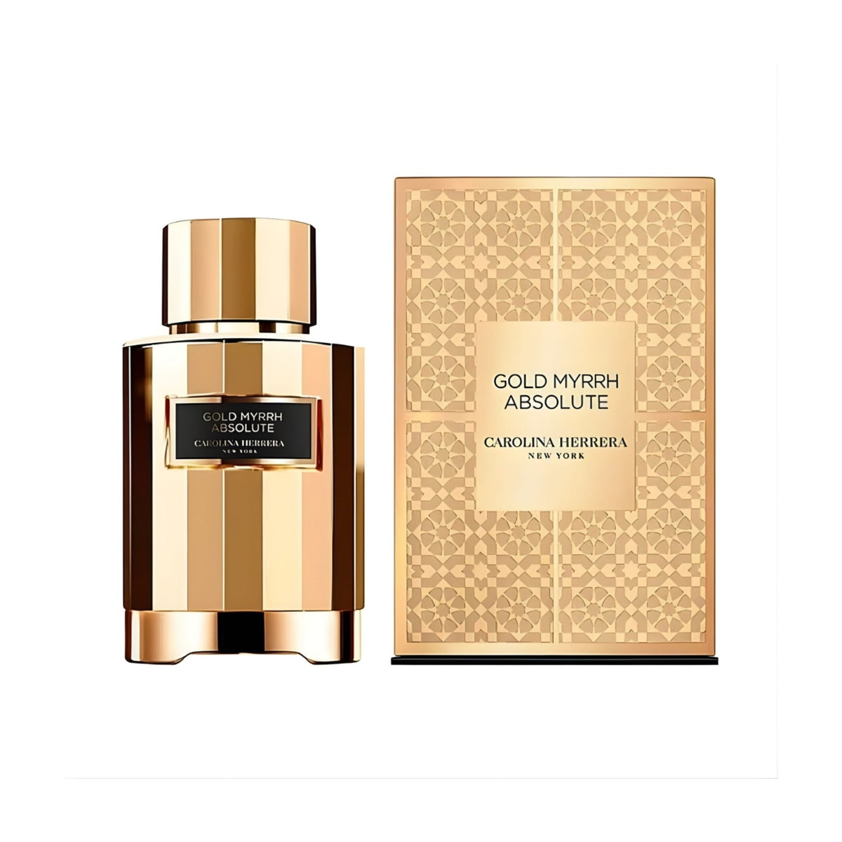 Refect Beauty Carolina Herrera Gold Myrrh Absolute unisex eau de parfum bottle and ornate gold patterned box