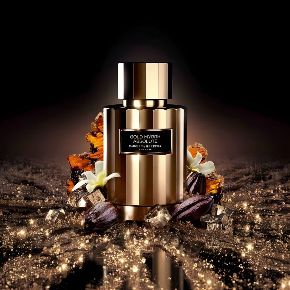 Refect Beauty Carolina Herrera Gold Myrrh Absolute unisex perfume bottle surrounded by cacao pods and floral accents