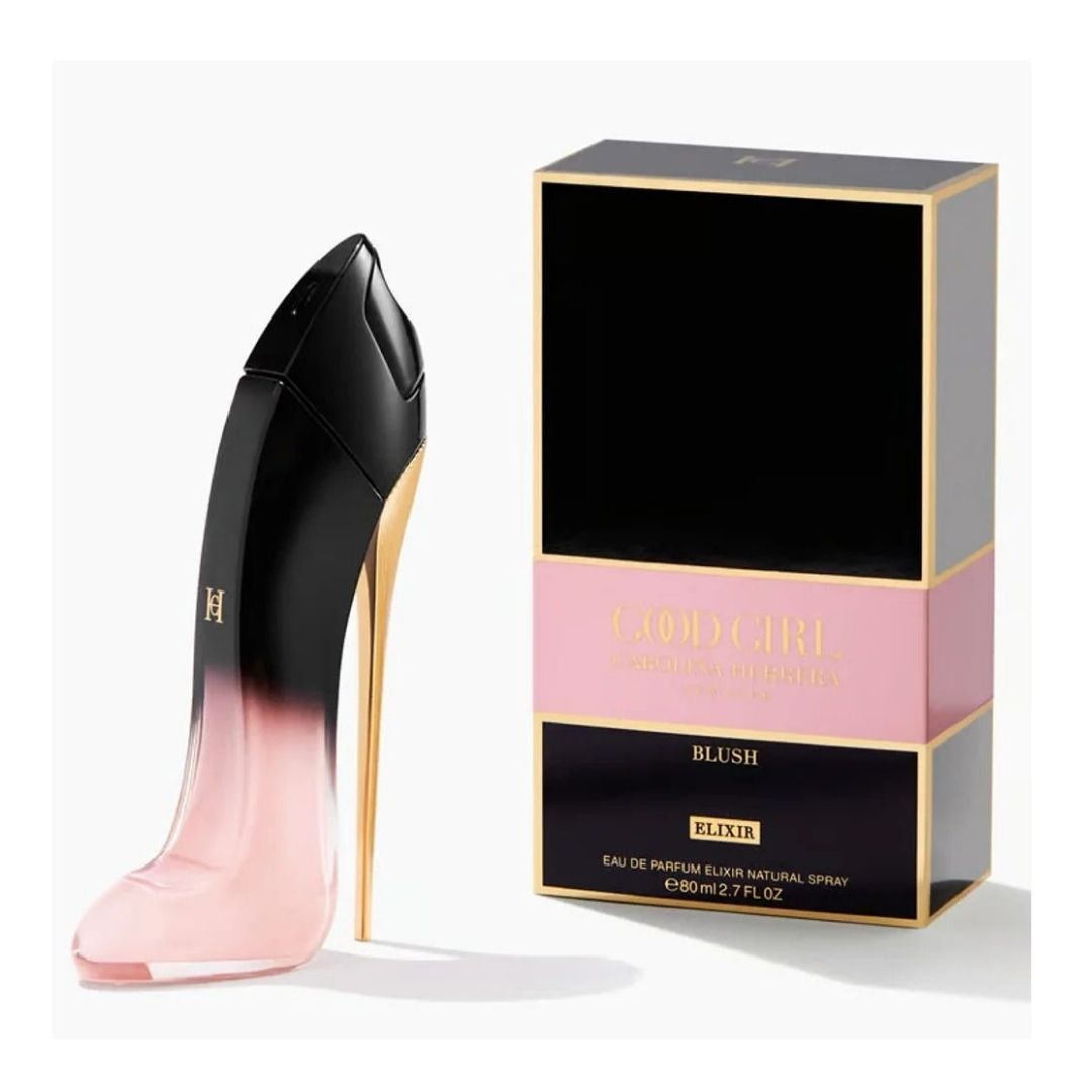 Refect Beauty Carolina Herrera Good Girl Blush Elixir perfume bottle shaped like a stiletto next to its box