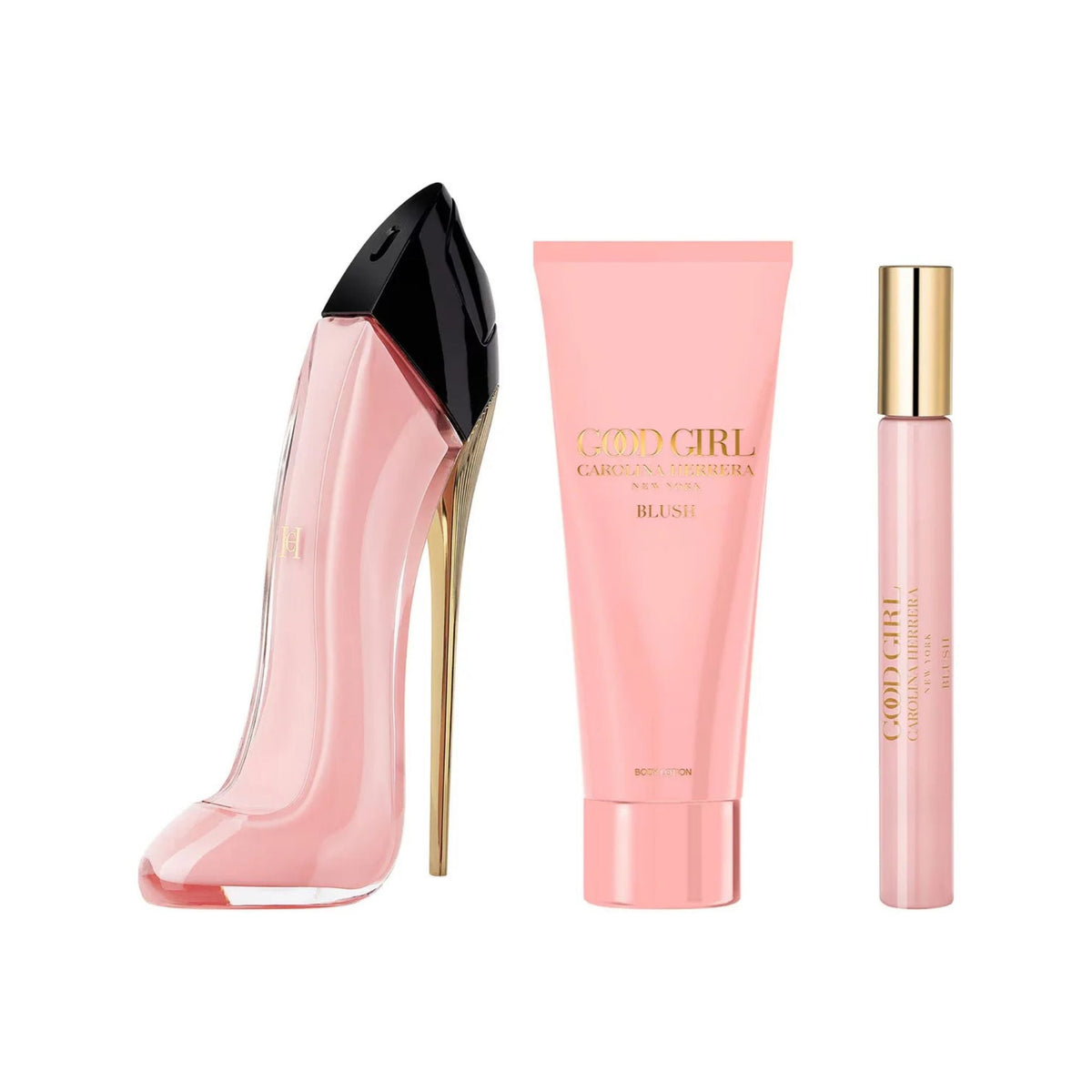 Refect Beauty Carolina Herrera Good Girl Blush gift set featuring a stiletto perfume bottle, body lotion, and spray.