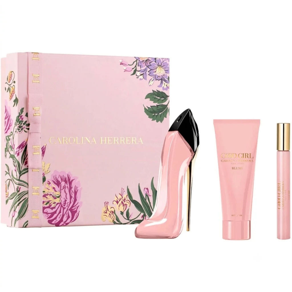 Refect Beauty Carolina Herrera Good Girl Blush gift set featuring a stiletto perfume bottle, body lotion, and spray.