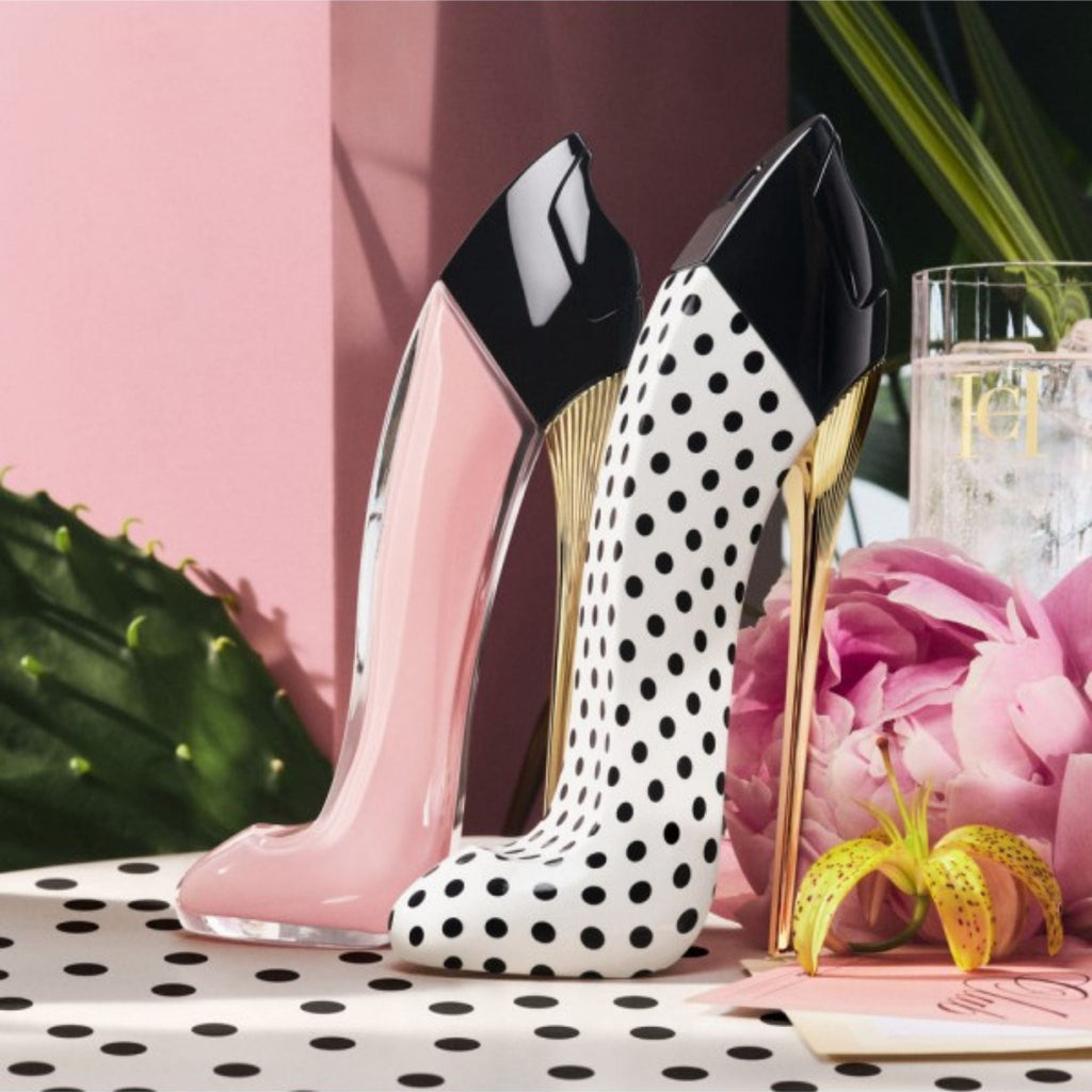 Refect Beauty Carolina Herrera Good Girl Blush and Polka Paradise perfume bottles shaped like pink and spotted stilettos
