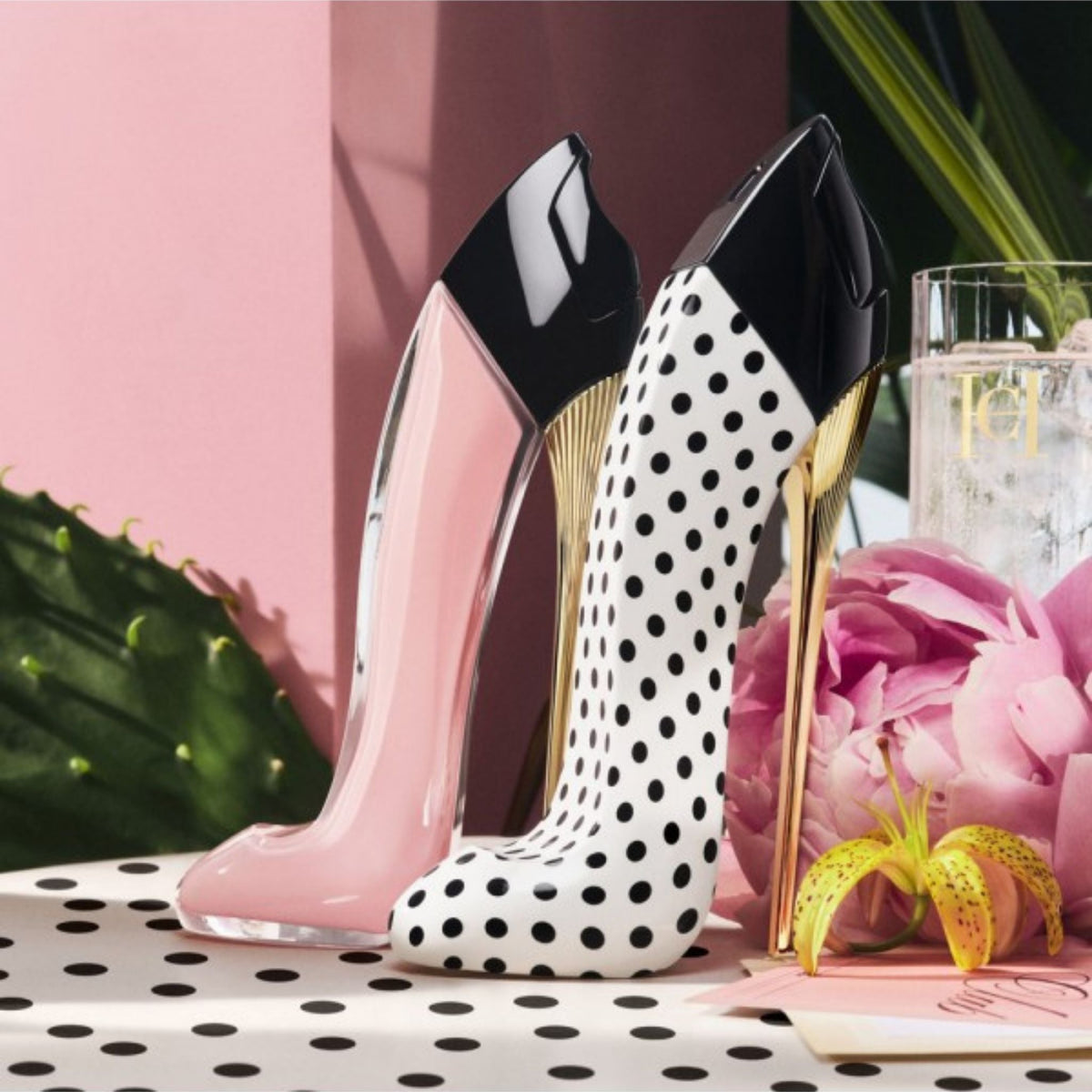 Refect Beauty Carolina Herrera Good Girl Blush and Polka Paradise perfume bottles shaped like pink and spotted stilettos