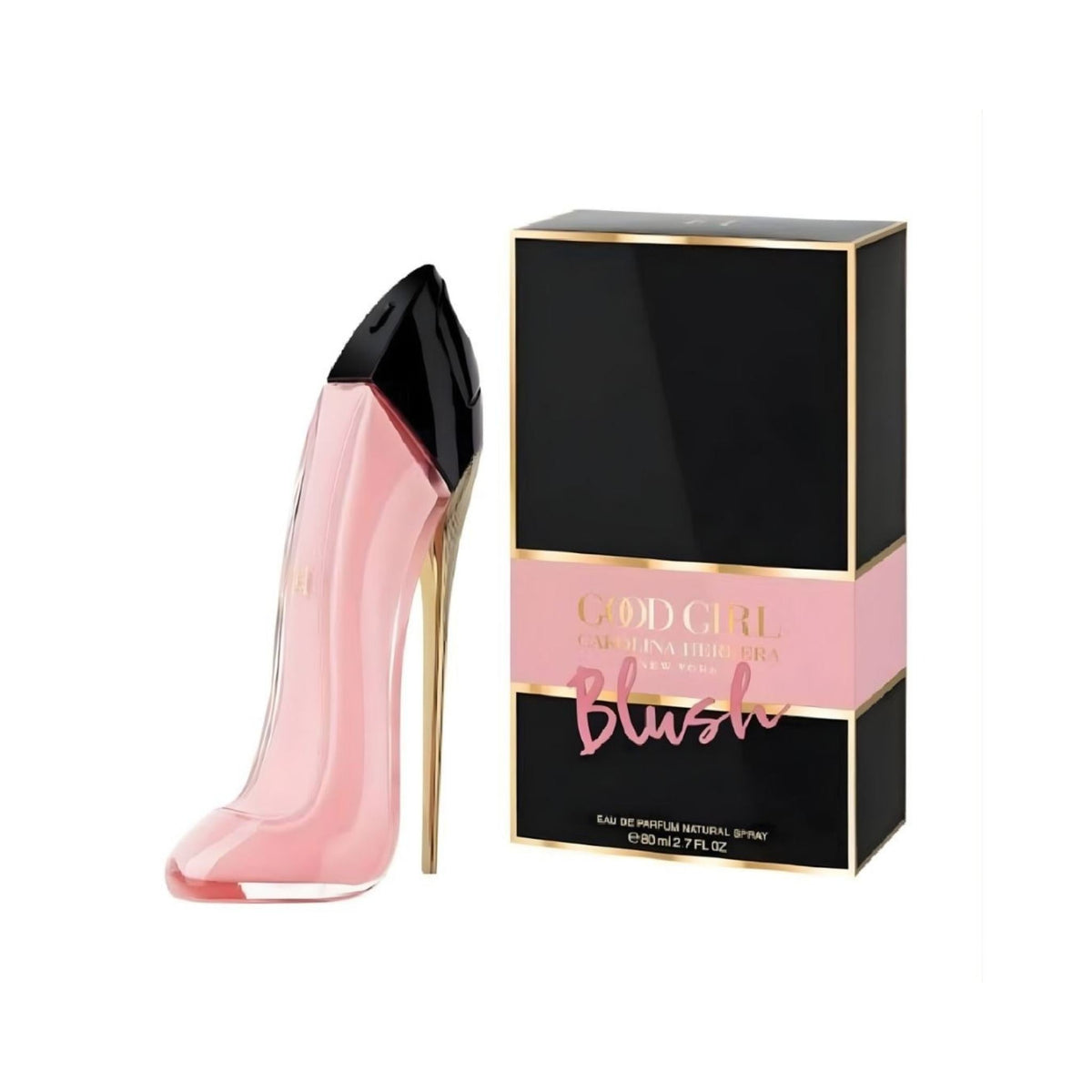 Refect Beauty Carolina Herrera Good Girl Blush perfume bottle in pastel pink stiletto shape with gold heel and box.