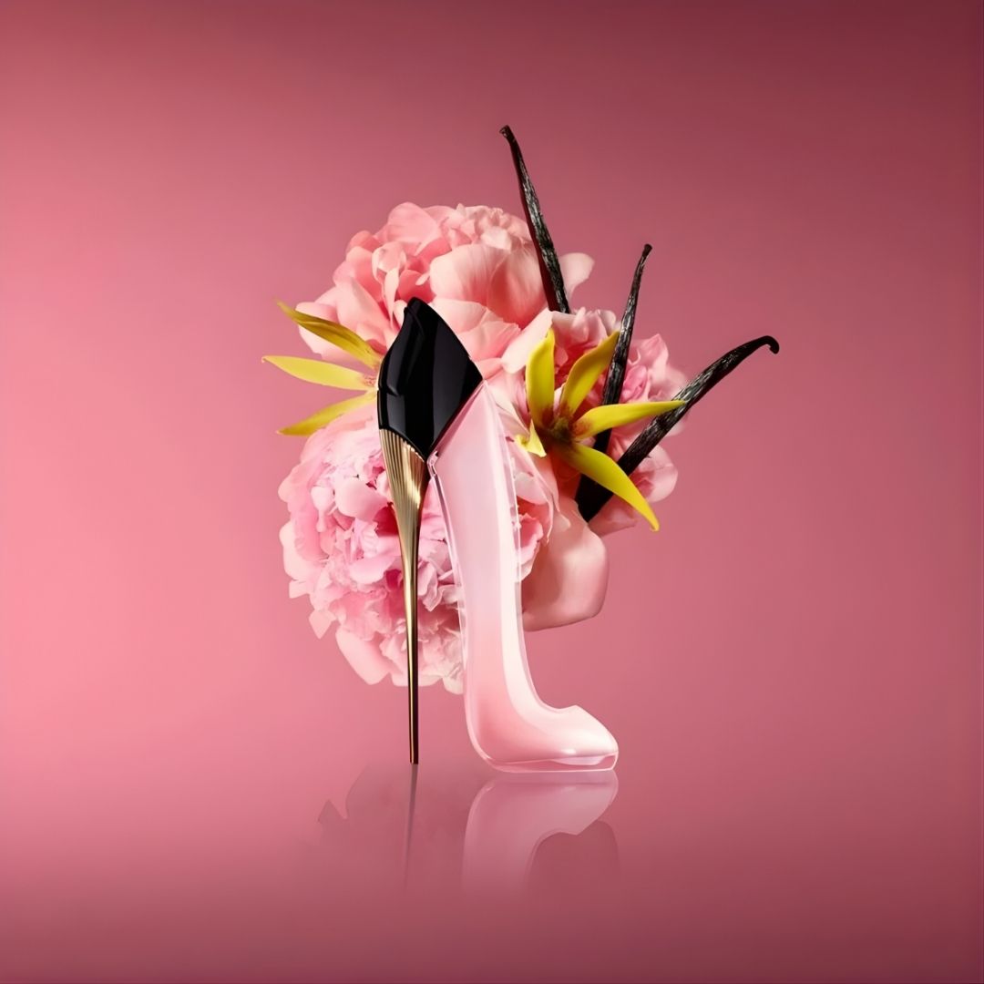 Refect Beauty Carolina Herrera Good Girl Blush perfume in a pastel pink stiletto bottle with gold heel and peony flowers