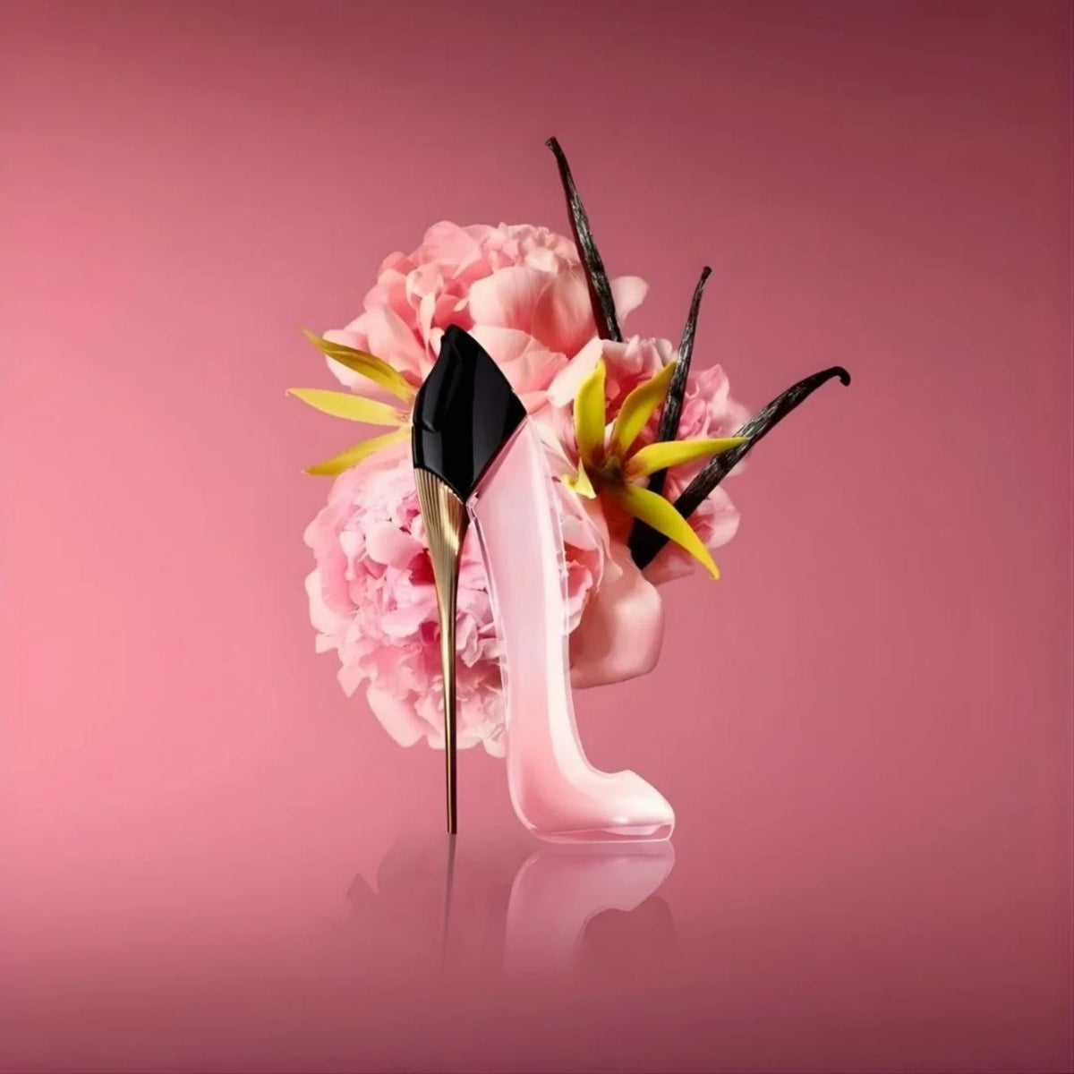 Refect Beauty Carolina Herrera Good Girl Blush perfume bottle shaped like a pink stiletto with gold heel and flowers