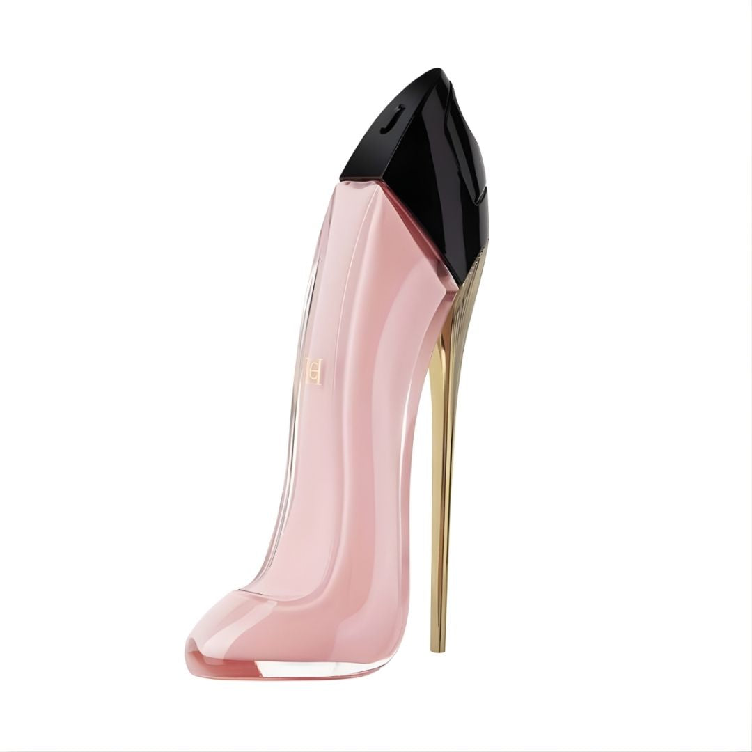 Refect Beauty Carolina Herrera Good Girl Blush perfume in a pastel pink stiletto bottle with a gold heel