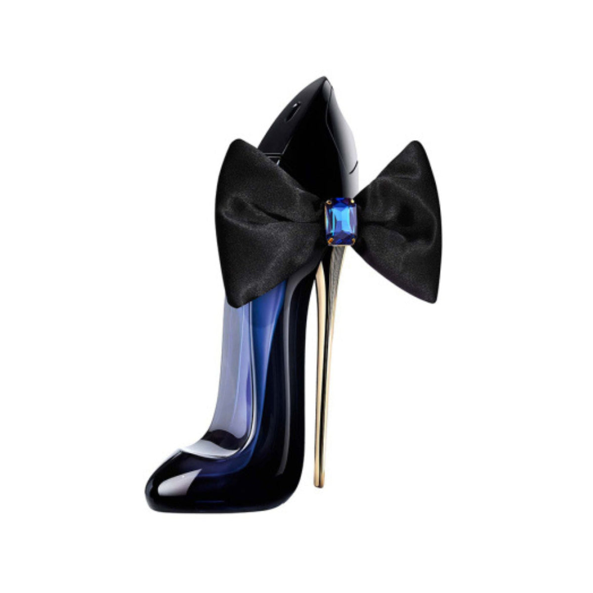 Refect Beauty Carolina Herrera Good Girl Bowtastic perfume in a black stiletto bottle with a large satin bow and blue gem