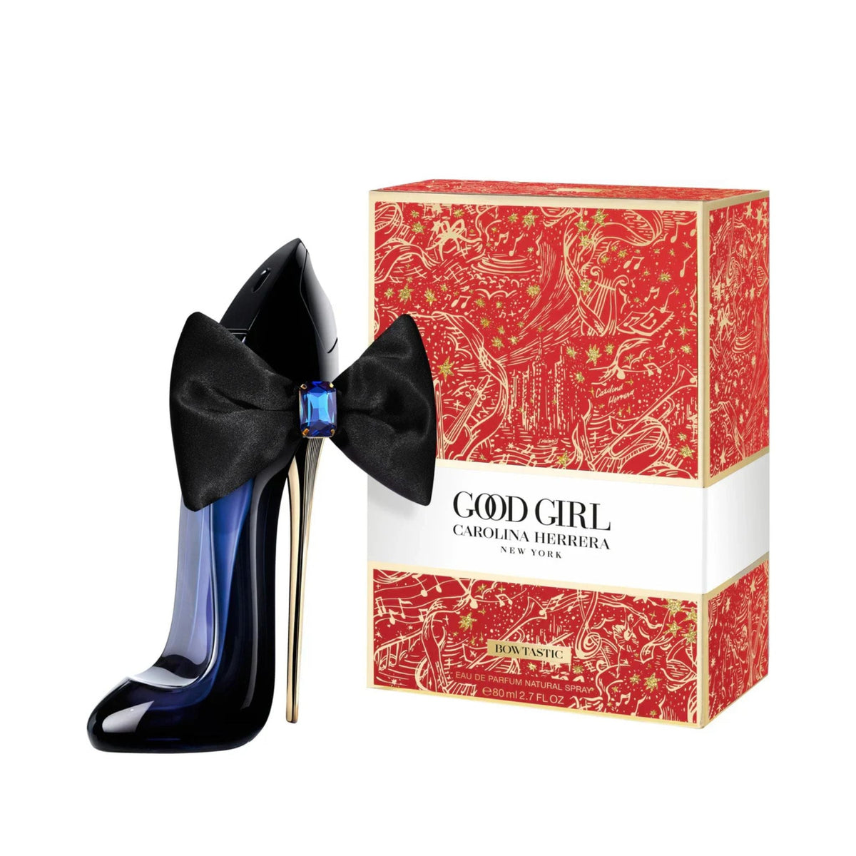 Refect Beauty Carolina Herrera Good Girl Bowtastic perfume bottle shaped like a stiletto with a black bow and gift box.