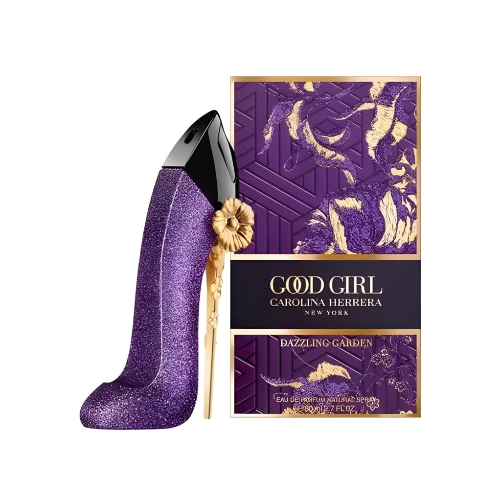 Refect Beauty Carolina Herrera Good Girl Dazzling Garden perfume in a glittery purple stiletto bottle with box