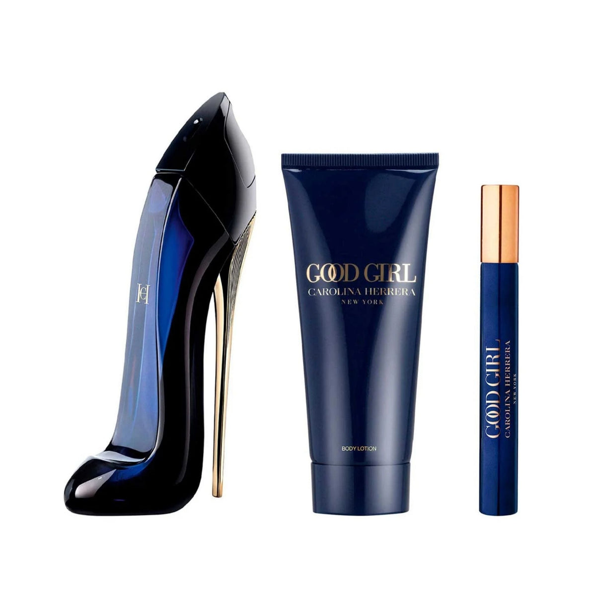 Refect Beauty Carolina Herrera Good Girl gift set with stiletto perfume bottle, body lotion, and travel spray.