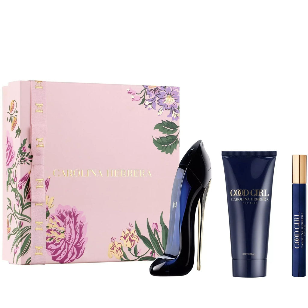 Refect Beauty Carolina Herrera Good Girl gift set featuring a stiletto-shaped perfume bottle, body lotion, and spray.