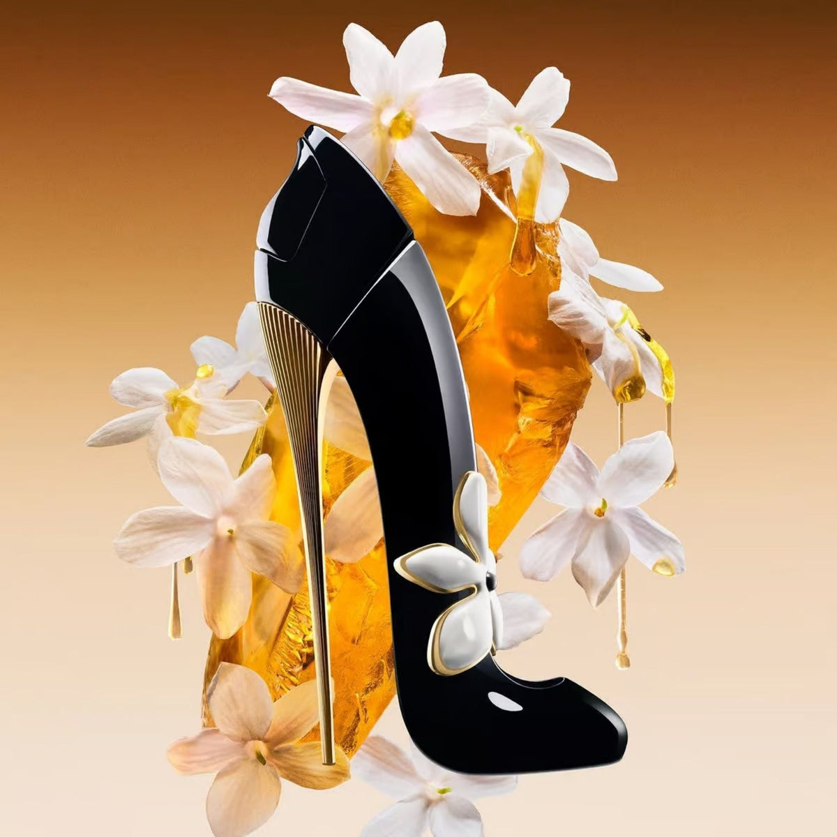 Refect Beauty Carolina Herrera Good Girl Jasmine Absolute perfume bottle shaped like a black stiletto with jasmine