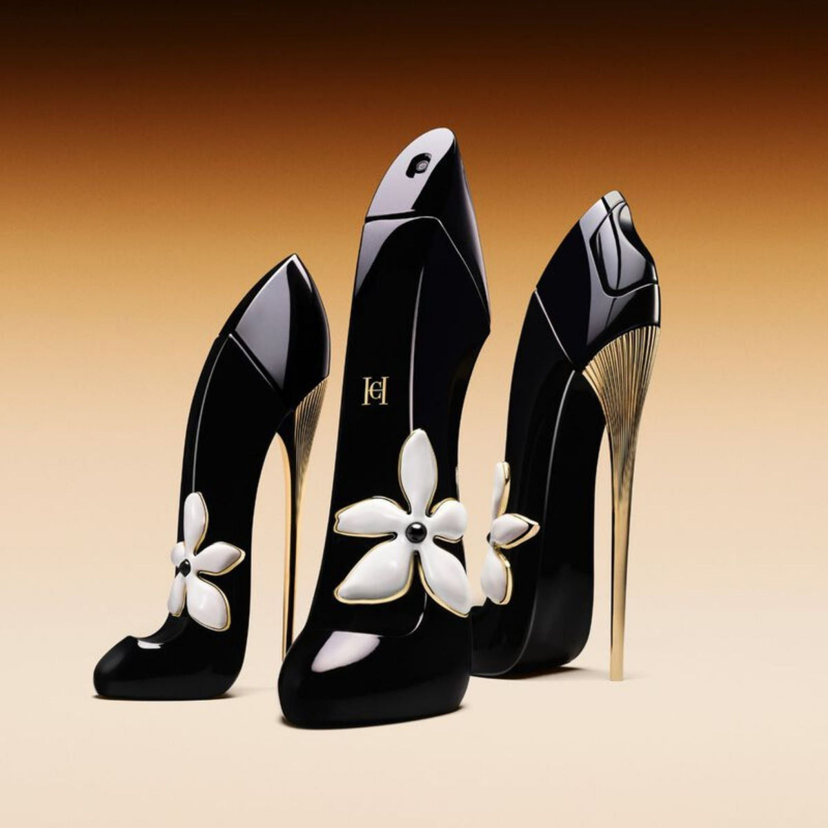 Refect Beauty Carolina Herrera Good Girl Jasmine Absolute perfume bottles in iconic black high-heel design with flowers