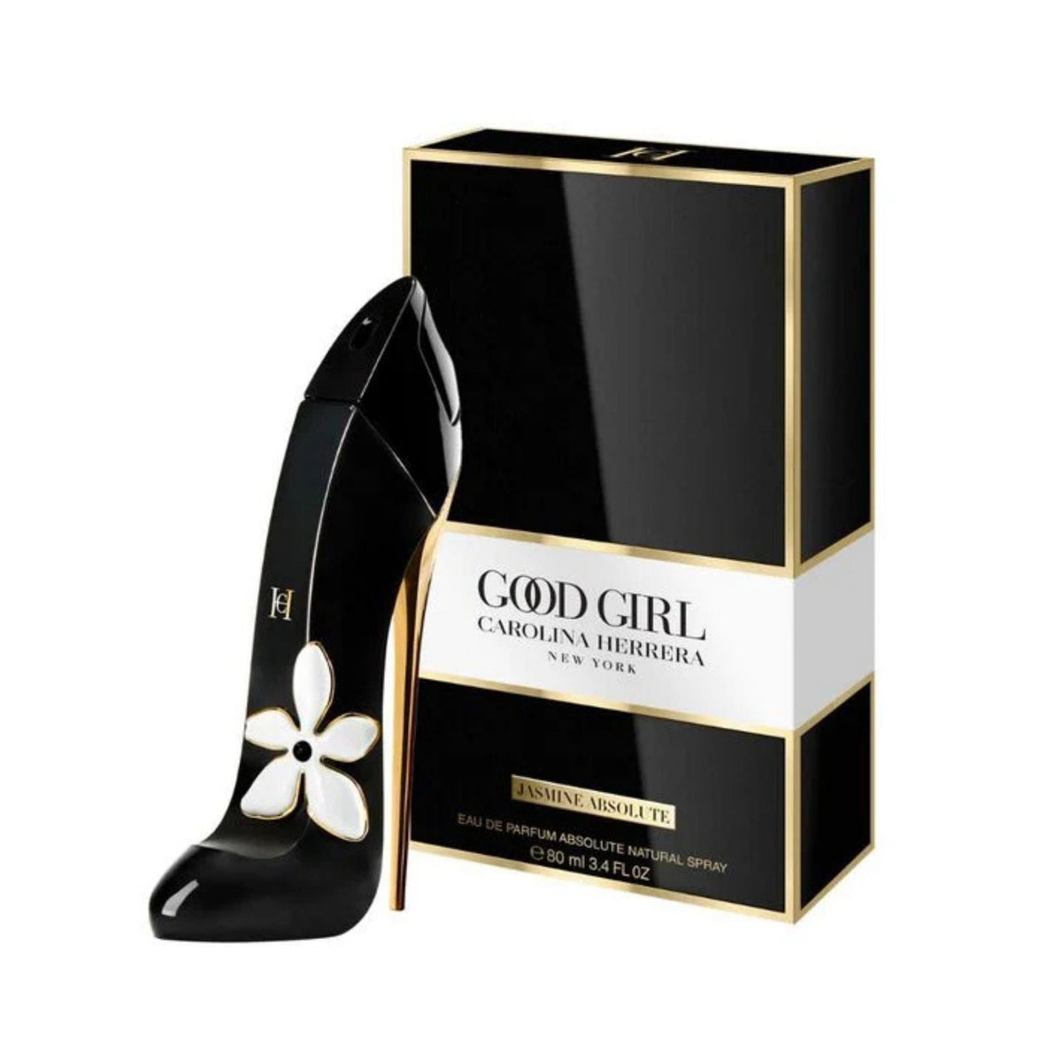 Refect Beauty Carolina Herrera Good Girl Jasmine Absolute perfume bottle shaped like a black high heel with gold heel 80ml