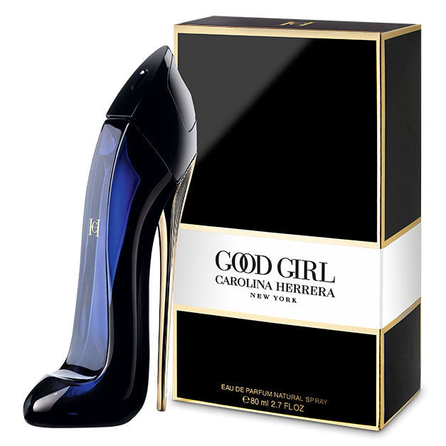 Refect Beauty Carolina Herrera Good Girl Eau de Parfum in a stiletto-shaped dark blue glass bottle with gold heel.