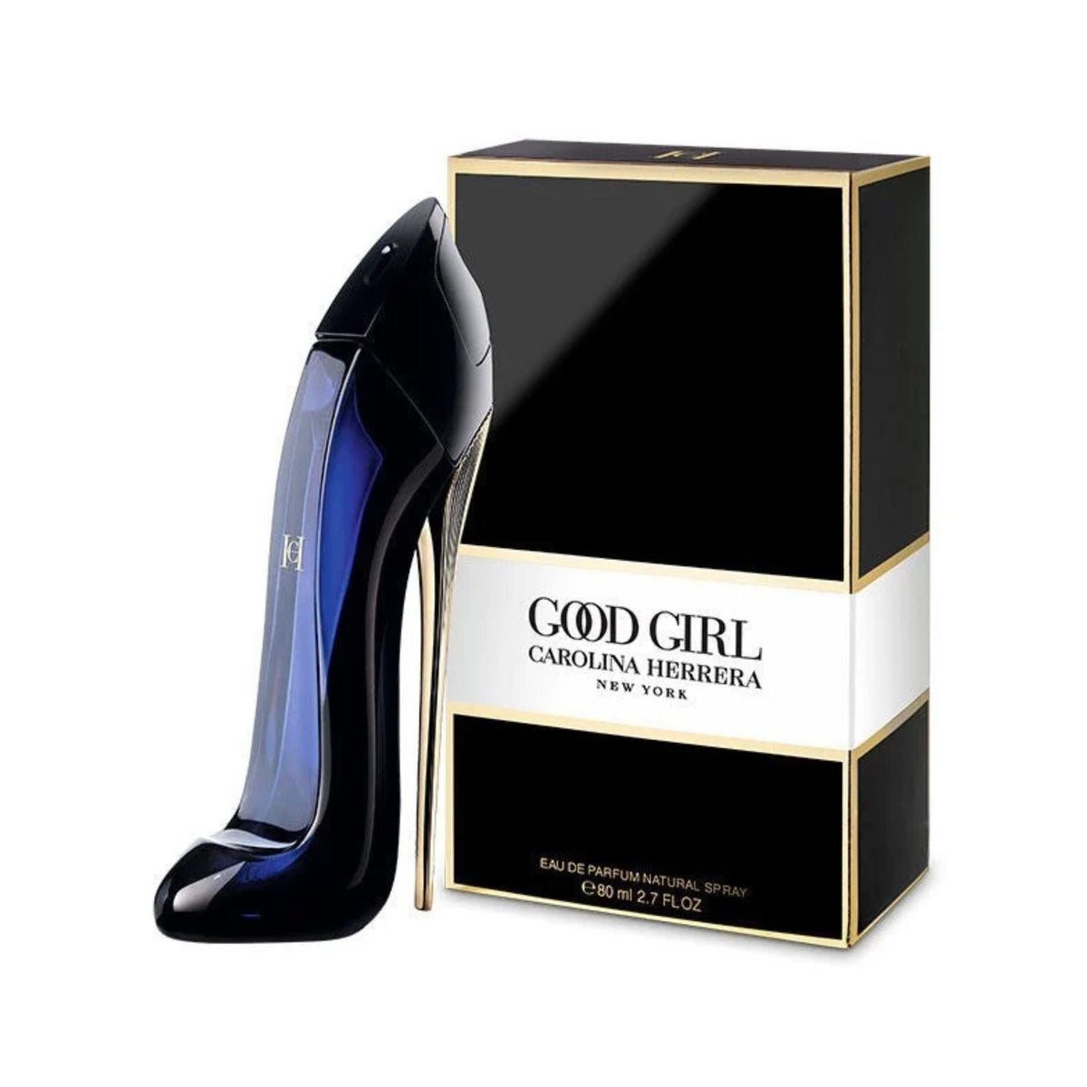 Refect Beauty Carolina Herrera Good Girl Eau de Parfum in a stiletto-shaped glass bottle next to its black gift box.