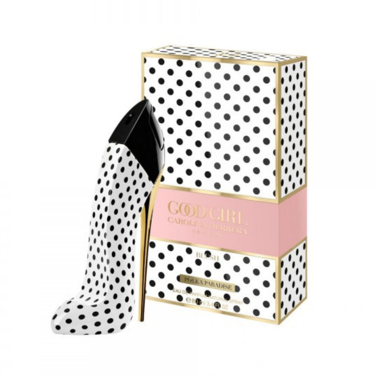 Refect Beauty Carolina Herrera Good Girl Blush Polka Paradise perfume bottle and box with black and white polka dots