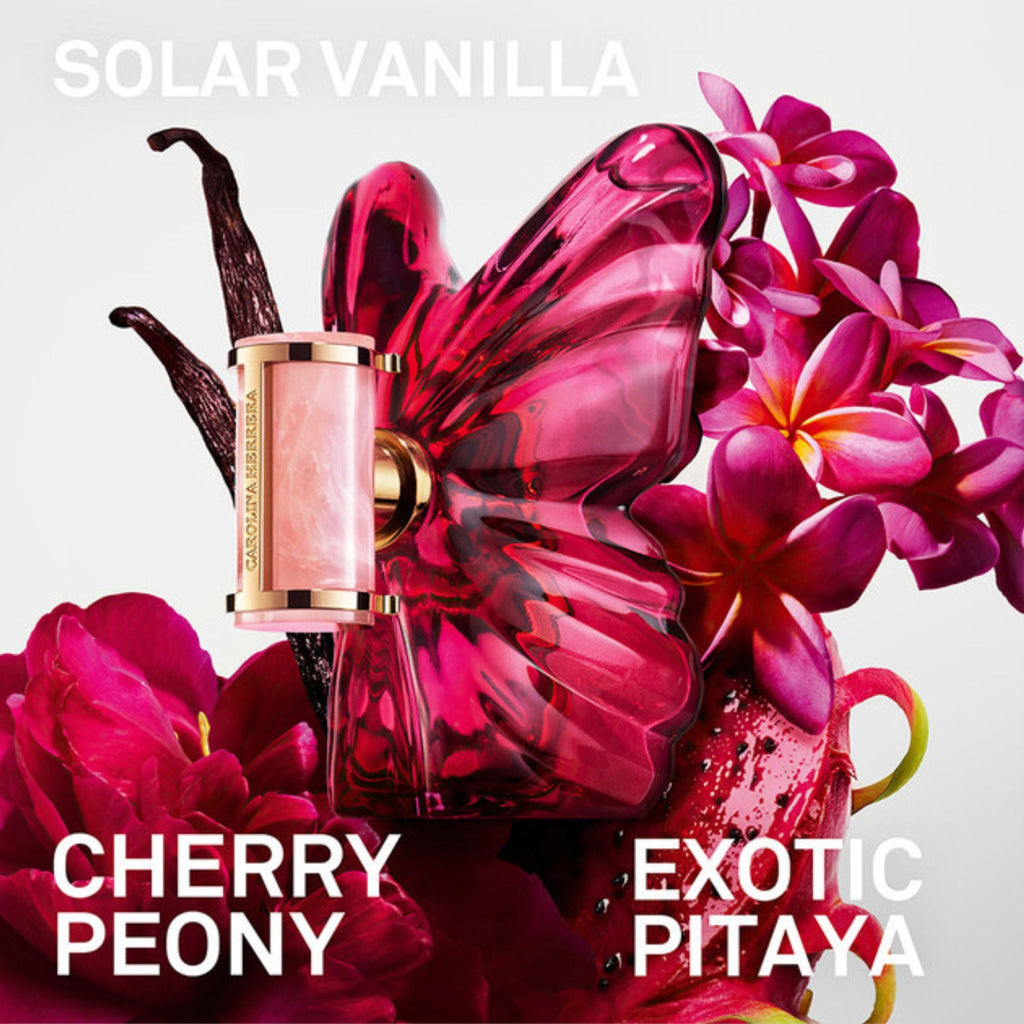 Refect Beauty Carolina Herrera La Bomba perfume bottle shaped like a butterfly surrounded by peony and dragon fruit