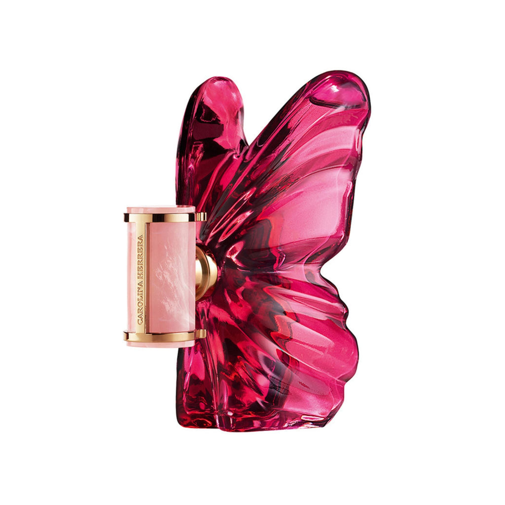 Refect Beauty Carolina Herrera La Bomba Eau de Parfum in a vibrant pink butterfly-shaped glass bottle.
