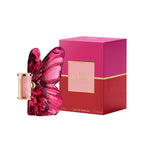 Refect Beauty Carolina Herrera La Bomba perfume bottle with butterfly wing design next to its pink and red box