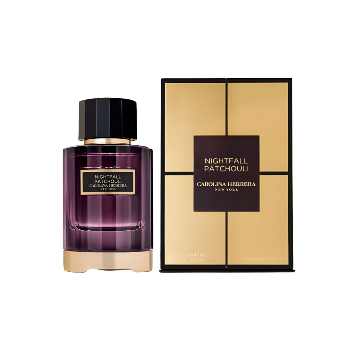 Refect Beauty Carolina Herrera Nightfall Patchouli unisex perfume bottle and gold box packaging.