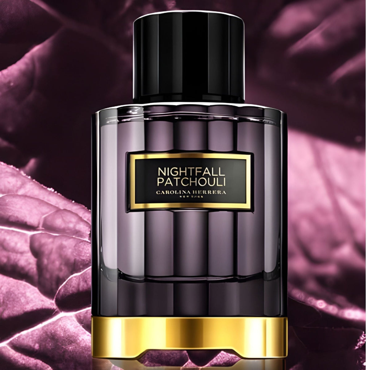 Refect Beauty Carolina Herrera Nightfall Patchouli unisex eau de parfum in a dark purple glass bottle with gold base.
