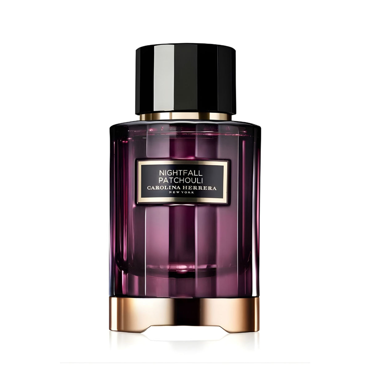 Refect Beauty Carolina Herrera Nightfall Patchouli unisex eau de parfum in a deep purple glass bottle with gold base.