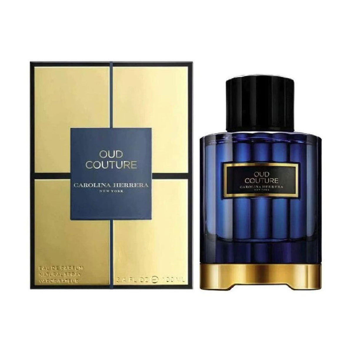Refect Beauty Carolina Herrera Oud Couture unisex eau de parfum bottle with its gold and blue presentation box